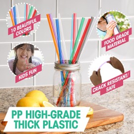 10.5" Long Rainbow Colored Reusable Plastic Replacement Straws, Fits Most Tumblers, Set of 10 with Cleaning Brush (Rainbow)