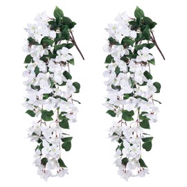 Ivydale Artificial Fake Hanging Flowers Plants for Outdoor Outside Decor, 2 PCS Faux Silk Bougainvillea Long Vines UV Resistant Realistic Faux Hanging Flowers for Home Porch Patio Balcony Yard, White