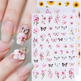 Flower Nail Art Stickers, Flower Nail Art Decals 3D Self-Adhesive with Floral Butterfly Sunflower Leaves Nail Design 6PCS Luminous Nail Art Supplies for Women Nail Decoration