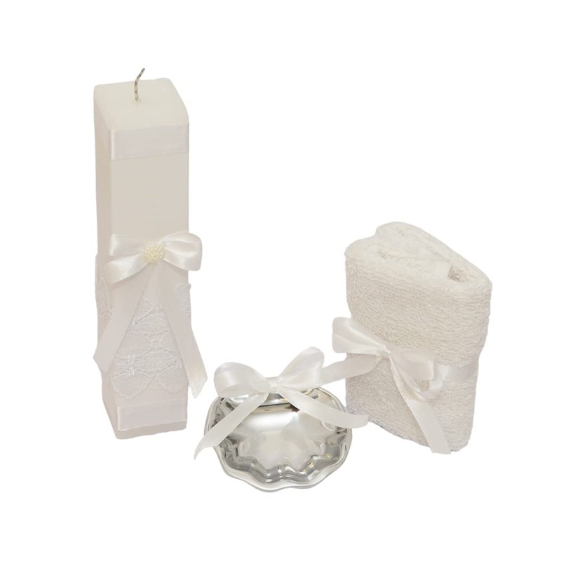 Kit de Bautizo Blanco Con Cirio Vela Concha Pewter Toalla