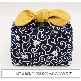 Lunch Bag, Insulated Lunch Bag, Japanese Pattern, No Drawstring, Tie Type, Azuma Bag, Ribbon (Cat, Arabesque, Navy)