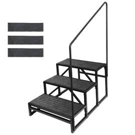 OUTPRIZE RV Steps with Handrail and Mat, 3-Step Heavy Duty Stable Universal Stair for RV Travel Trailers Pool Hot Tub Trampoline