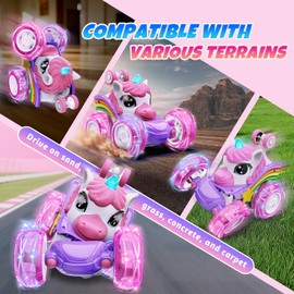 Innofans Unicorn Remote Control Car for Girls, 360° Rotating 4WD Stunt RC Cars with Cute Cool LED Lights, Rechargeable Car Toys Birthday Gifts for Kids Girl Age 3-6 7-9 10-12