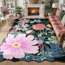 Wonnitar Washable 8x10 Area Rugs for Living Room, Non-Slip Boho Floral Rugs for Bedroom Aesthetic, Low Pile Soft Scalloped Nursery Rug Botanical Floor Carpet for Playroom Closet (Black,8'x10')