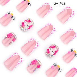 24 PCS Press on Nails French Fake Nails Kitty Cat Fake Nails Flower Fake Nails Short Fake Nails Gifts for Women and Girls (No.91)