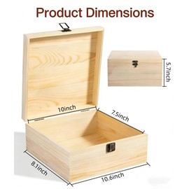 Aulufft 2 Pack Unfinished Wooden Box with Hinged Lid - 10.6 x 8.1 x 5.7 Inch Rectangle Crafts Storage Boxes Natural Pine Wooden Boxes for Crafts, DIY, Painting, Art Gifts Jewelry Home Storage Box