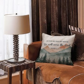 MNASAIOO Christian Mountian Woods Decorative Throw Pillow Covers, We Will Serve The Lord Bible Verse Scripture Pillows Covers, Watercolor Boho Pillow Cases Decor for Couch Bedroom Prayer Room 18x18in