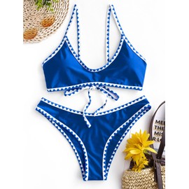 ZAFUL Women's Contrast Trim Piping Crochet High Cut Tie Back Bralette Bikini Set (2-Blue, S)