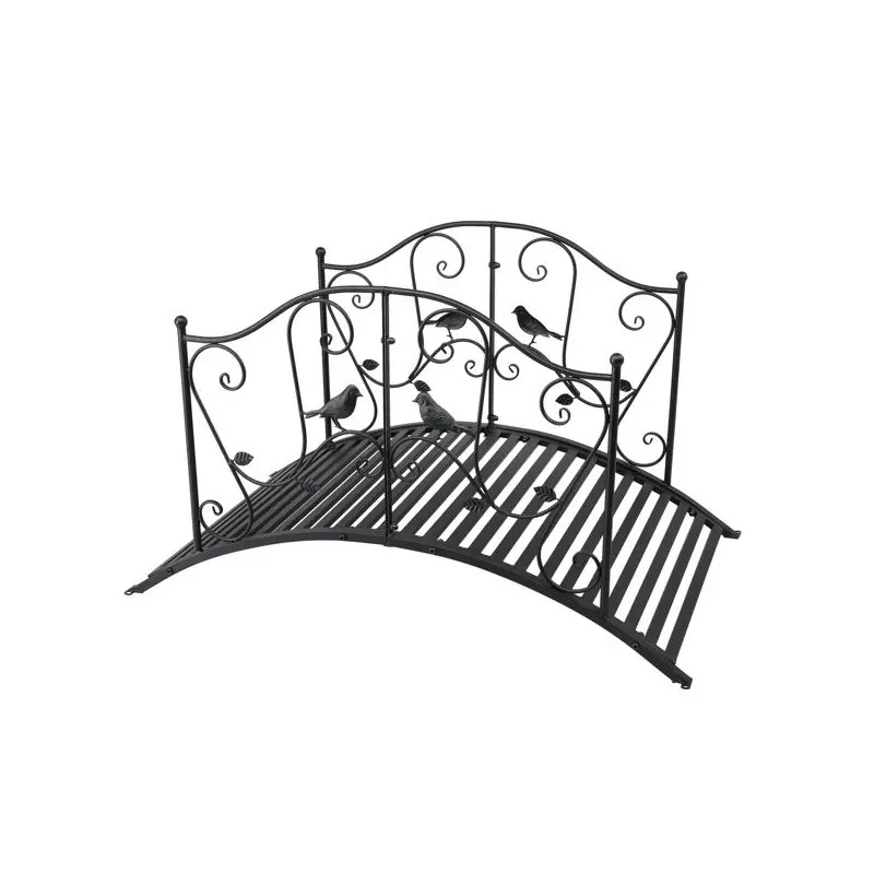 119*67*71cm Black Iron Courtyard Bridge with Bird Pattern Arched Handrail