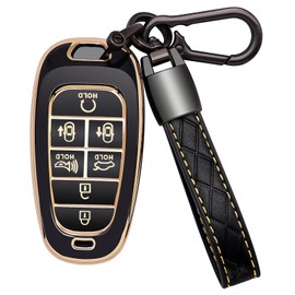 Kespevn for Hyundai Key Fob Cover 7 Button with Leather Keychain Soft TPU 360 Degree Protection Car Key Case Shell Holder Fits for 2023 2022 2021 2020 Hyundai Sonata Santa fe Tucson, Black