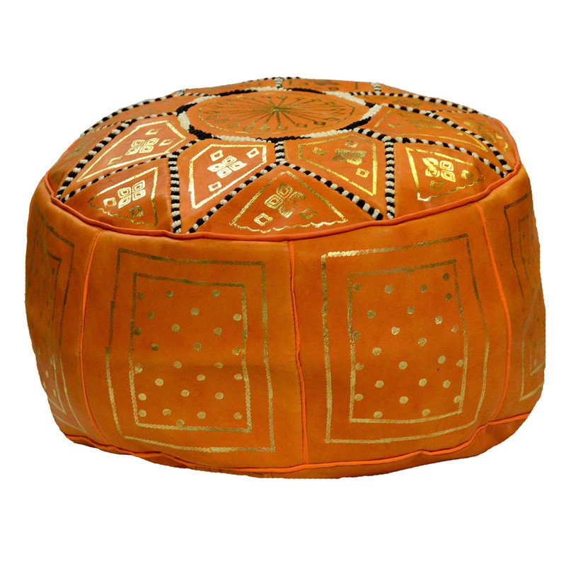 Moroccan Pouf Ottomans Hand Made Leather Luxury Footstools Cover Orange