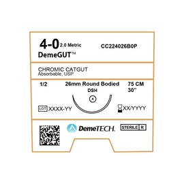 DemeGUT Absorbable Chromic Catgut Suture, DSH, 26mm, 1/2 Circle, Round Bodied Needle, USP Size 4-0, 30 inches, (75cm), Brown