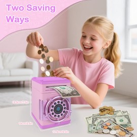 Refasy Piggy Banks for Girls, Electronic Money Bank Password Money Safe Cash Coin Piggy Bank, Turntable ATM Bank Toys for Age 3 4 5 6 7 8 9 10 12 Year Old Girls Kids Birthday Xmas Gifts (Pink)