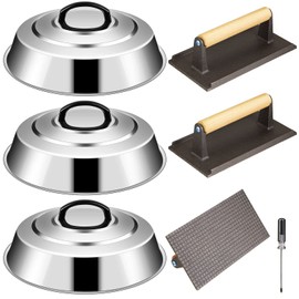 Tessco Griddle Accessories 3 Pcs 12.6 Inch Griddle Dome Cheese Melting Round Basting Cover 3 Pcs 8.2 Inch Smash Burger Press Cast Iron Meat Press and Screwdriver for Flat Top Grill BBQ