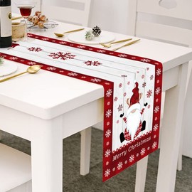 Christmas Table Runner Merry Christmas Happy Gnome on Retro Wooden Red Snowflakes Checkered Farmhouse Table Runner for Christmas Holiday Party Wedding Dining Table Dresser Decoration