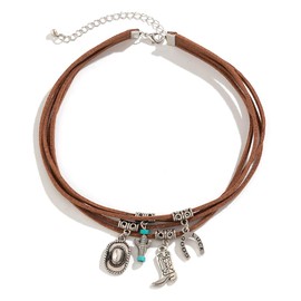 Fuqimanman2020 Western Cowboy Multilayer Leather Bracelet Necklace for Women Boho Cowboy Boot Hat Cactus Pendant Chain Bracelet Jewelry Gift-Necklace-brown