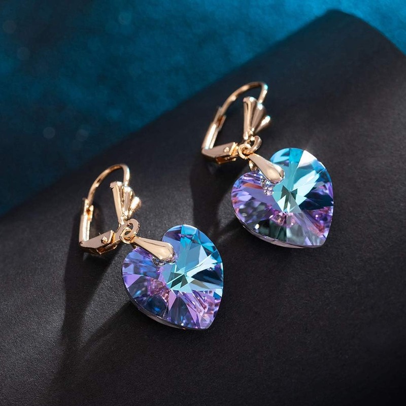 Austrian Crystal Heart Drop Leverback Earrings for Women Fashion Dangle