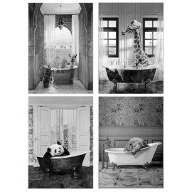 QPLGTU Bathroom Home Background Wall Decoration Poster, Black and White Highland Livestock Animal Decoration Photos Wallpaper, Funny Animal Print Poster, Frameless (Bathroom Animal 2, 20 x 30 cm x 4)