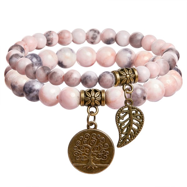Bivei Rose Quartz Beaded Bracelets Heart Chakra Crystal Healing Tree