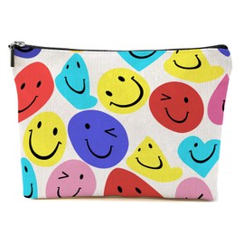FATHER.SON Smile Face Makeup Bag, Cosmetic Bags for Women Girls, Large Capacity Linen Aesthetic Organizer Bag Zipper Pouch for Toiletry Travel (#4 smile)