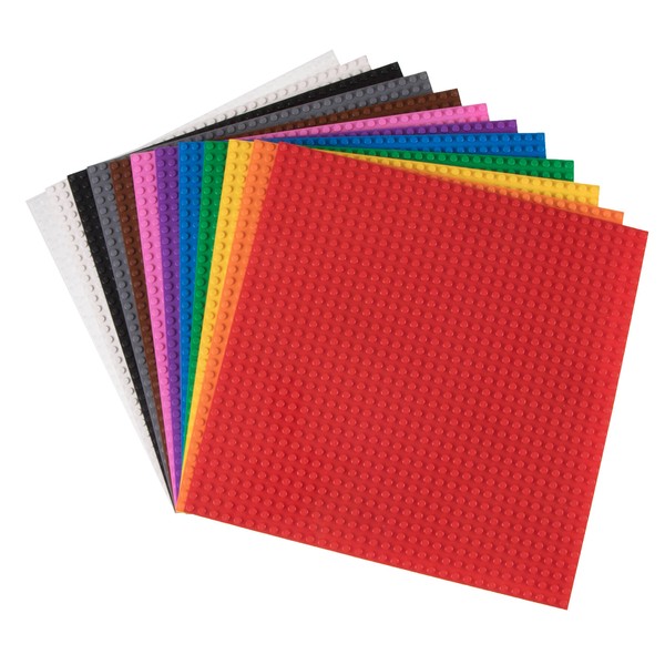 Strictly Briks - Classic Brick Baseplates - 12 Base Plates - 12 Rainbow Colors - Stackable Plates to Create Your Own Table - Compatible with All Major Brands - 10 inch x 10 inch - (32 x 32 pegs)