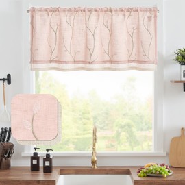 jinchan Linen Valance Sheer Double Layer Kitchen Window Curtain Leaf Embroidered Valance for Living Room Farmhouse Light Filtering Rustic Country Curtain 18 Inch Rod Pocket 1 Panel Pink
