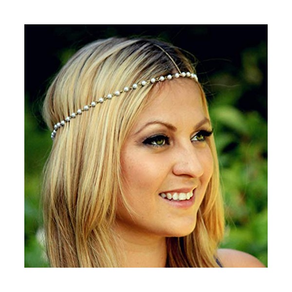 Zoestar Boho Pearl Head Chain Gold Wedding Headband Hair Jewelry Bridal Headpiece Hair Accessories for Women and Girls