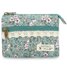 Monedero pequeño con cremallera para mujer, bolsa de cambio bordada de flores de tela hecha a mano, billetera de algodón con doble cremallera