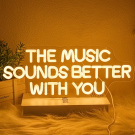 Xixkilly "The Music Sounds Better With You" Neon Sign for Wall Decor White Letter LED Sign for Bedroom Music Studio Record Shop Decoration