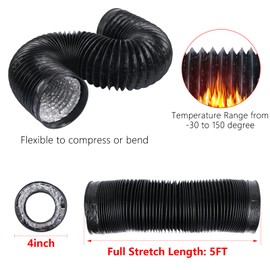 CABAX 4 Inch 5 Feet Air Ducting, Flexible Black Aluminum Vent Hose for HVAC Ventilation with 2 Clamps