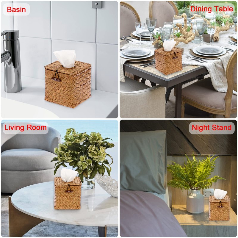 BTSKY Square Seagrass Tissue Box - Decorative Woven Basket Paper
