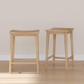 Plank+Beam Smythe Counter Stool, 24", Set of 2, Sturdy Wood Modern Kitchen Counter Height Stool, Saddle Seat Backless Counter Chair, Metal Footrest, Blonde