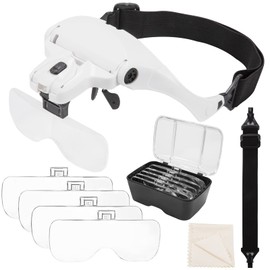 Lupenbrille mit LED Licht Kopfbandlupe Stirnlupe Brillenlupe mit Beleuchtung für Lesen Elektriker Juweliere Nähen Reparatur 5 Wechselobjektive 1x bis 3,5X