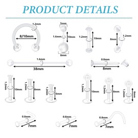 LAURITAMI Clear Piercing Retainer for Nose Septum Lips Tongue Nipple Belly Button Ear Cartilage Piercing Hoops Plastic Piercing Placeholder Jewellery for Surgical, Plastic
