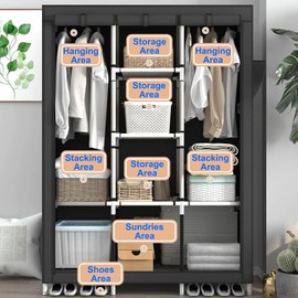 Portable Closet, Portable Closets for Hanging Clothes with 8 Storage Shelves and 2 Side Pockets, Black Wardrobe Closet Easy to Assemble and Strong and Stable