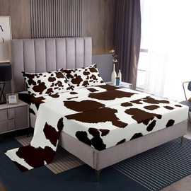 Cow Print Flat Sheet Adult Women Brown Wild Animal Highland Cow Fur Print Bedding Set Africa Animal Fitted Sheet Milk Cow Farm Sheet Sets Exotic Tribal Style Sheets Deep Pocket, Full Size