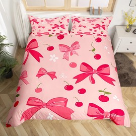 Feelyou Bow Bedding Set for Girls Boys Kids Twin Size Cheery Comforter Cover Set Room Decor Cute Duvet Cover Hot Pink Bedspread Cover,No Comforter