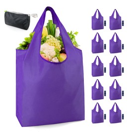 BeeGreen 10 Packs Purple Reusable Shopping Bags X- Large Reusable Grocery Bags for Groceries Durbale Foldable Tote Bags Waterproof