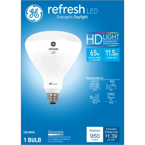 GE Lighting 46329 Refresh HD LED (65-Watt Replacement) 950-Lumen BR40 Bulb with Medium Base, Daylight, 1-Pack, 1 Count (Pack of 1)