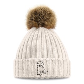 Purple Print House Embroidered Labrador Puppy Pom Pom Chunky Beanie Women Embroidery Ladies Winter Hat, One Size, Oatmeal