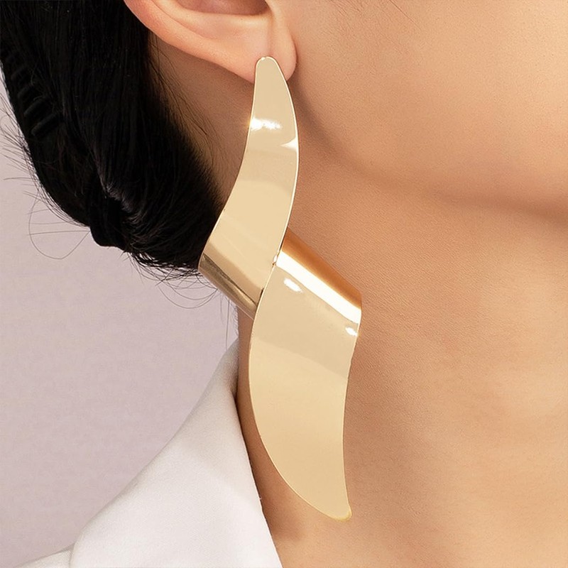 Chunky Geometric Twisted Statement Earrings for Women, Exaggerated 14K Gold