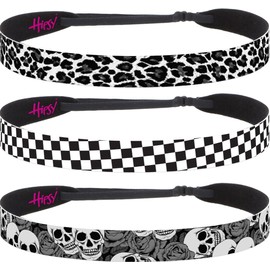 Hipsy 3-pack Women's 1980s Inspired 80s Decade 7/8" Wide Headbands Hairbands for Women Girls & Teens (Grey Skulls/Black Checkerboard/Grey Cheetah 3pk)