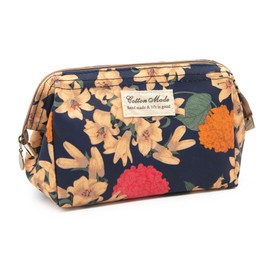 Long Keeper Travel Makeup Bag Floral Wide-Open Beauty Cosmetic Bags for Women Make Up Organiser Bag Toiletries & Beauty Essentials Waterproof Wash Bags (Navy Blue Base Lily)