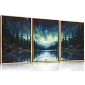 HOURIA Northern Lights Forest Lake Framed Canvas Wall Art Set,Aurora Borealis Mountain Wall Decor,Night Sky Reflective Water Artwork,Modern Wilderness Landscape Prints for Living Room,Office-16"x24"x3