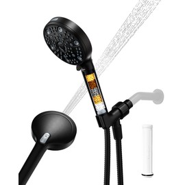 Regadera Manual Filtrada Alta Presión para Agua Dura, con 7 Rociados, Chorro Potente y Pausa, Desmontable y Ajustable, Piel y Cabello Sanos - Negro Ma