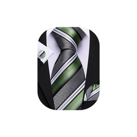 Barry.Wang Sage Green Black Grey Tie Set for Men Striped Silk Necktie Pocket Square Cufflinks Formal Wedding Party Business