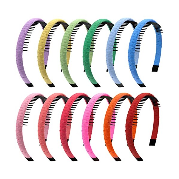 Duufin 12 Pieces Teeth Comb Headband Hair Hoop Hairband Colourful Satin Covered Headbands Non-slip Hair Accessories for Women Girls, Candy Colours