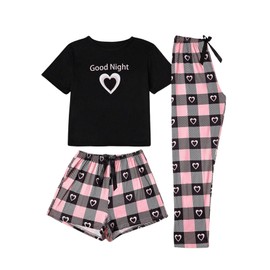 WDIRARA Women's 3 Piece Plaid Heart Print Pajama Set Short Sleeve Tee Lounge Shorts and Pants Sleepwear Multicolor Medium