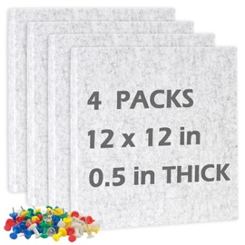DOLLAR BOSS Felt Cork Board Tiles, 4 Packs 12" x 12" 1/2" Thick Cork Bulletin Board Self Adhesive Acoustic Panels Soundproof Corkboards for Walls with 40 Pushpins for Home Office School, Light Grey