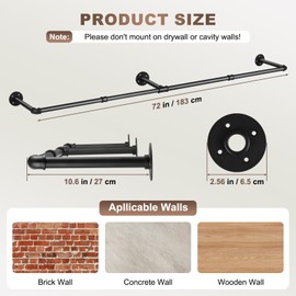 Wall Mounted Clothes Rack Heavy Duty Space-Saving Industrial Pipe Closet Double Rods Easy Install Clothing Rod for Bedroom, Entryway, Laundry Room Sturdy Hanging Rack for Coats, Towels(72" Black)